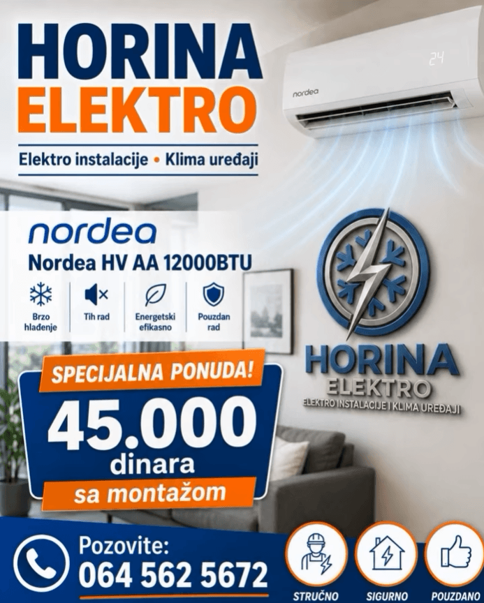 Specijalna ponuda: Nordea HV AA 12000 BTU klima uređaj za 45.000 dinara sa montažom